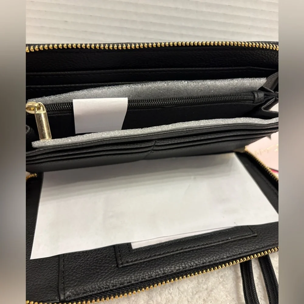 Betsey Johnson Black Zip Around Wristlet Wallet with Gold Accents NWT